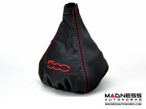 FIAT 500 Gear Shift Boot - Black Leather w/ Red Stitching and 500 Logo FIAT 500 Gear Shift Boot - Black Leather w/ Red Stitching and 500 Logo